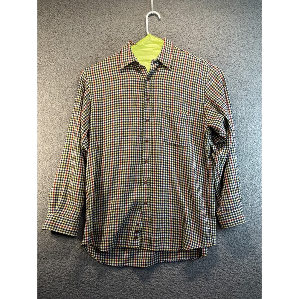 Eddie Bauer Flannel Shirt Mens ‎ Large Back Yellow  Plaid Dress Button Up